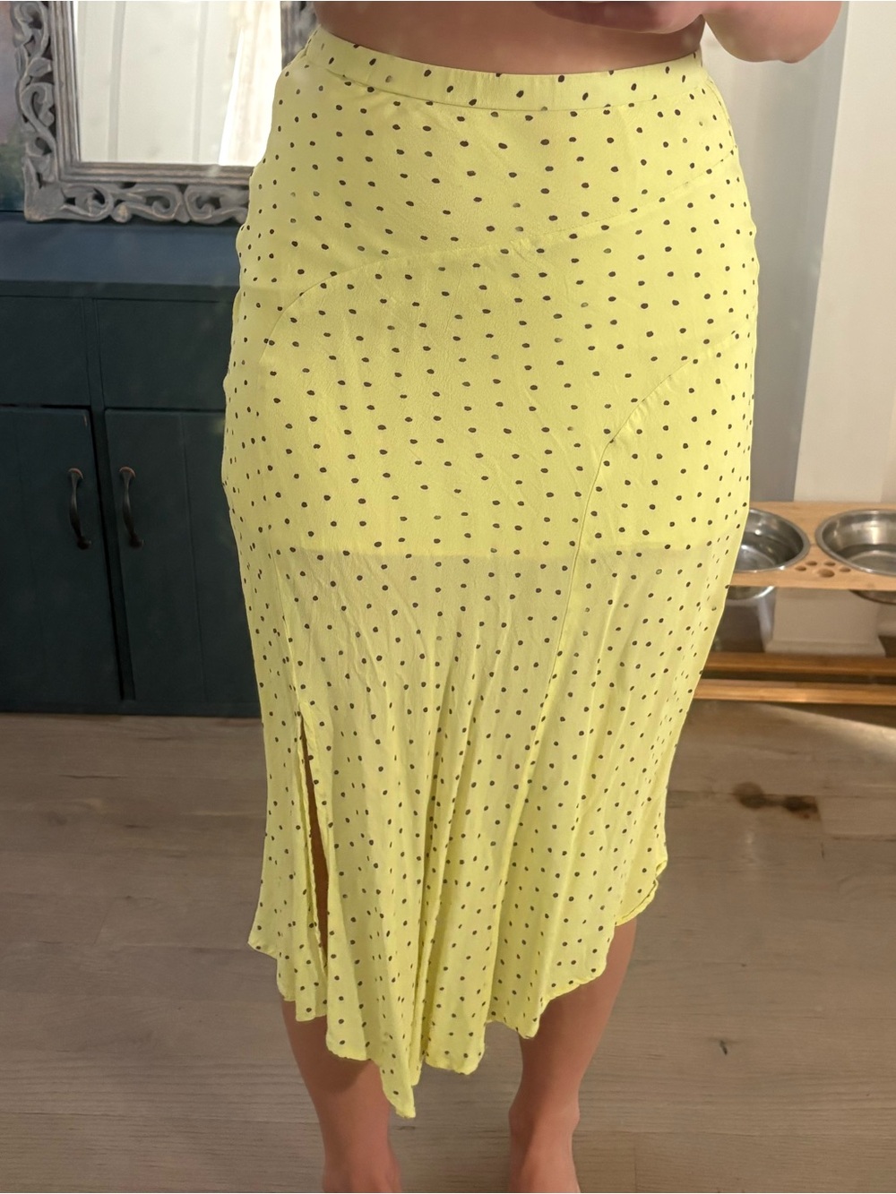 Skies Are Blue Yellow Midi Skirt with Purple Polka Dots